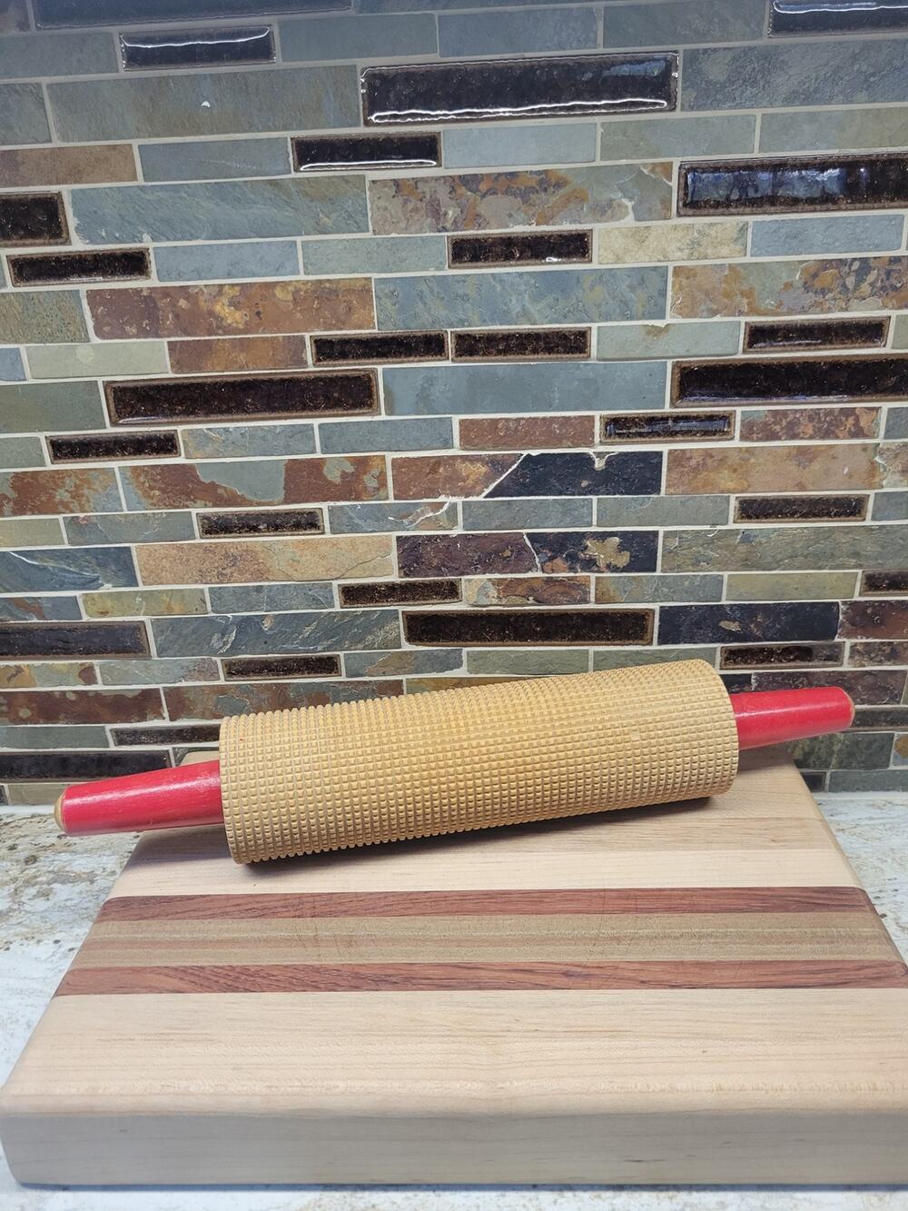 Vintage Wooden Lefse Rolling Pin Red Handles Textured Square Cut Pastry Roller